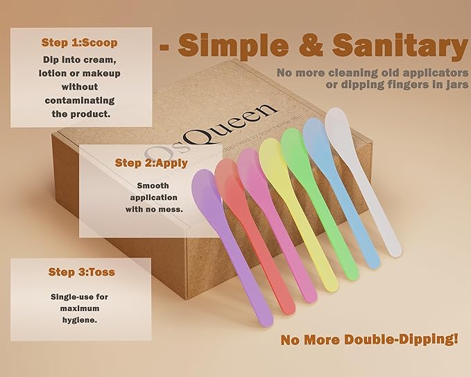 QsQueen 100 PCS Cosmetic Spatulas, 7 Colors – Reusable Hygienic Makeup Scoop for Face Masks, Creams & Skincare, Flexible PP Tool for Mixing, Sampling, DIY, Salon & Travel 4.88'' x 1.06"