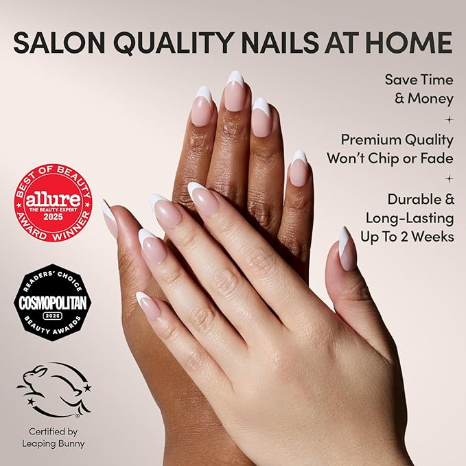 Glamnetic Press On Nails - MaDamn | French Tip Nails, UV Finish Short Pointed Almond Shape, Salon Quality Semi-Transparent Nails in 12 Sizes - 24 Nail Kit with Glue