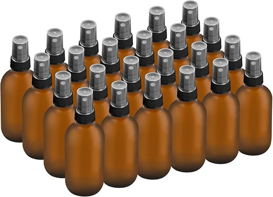 BILLIONSTARS 24 Pack 2oz Glass Boston Round Bottle with Fine Mist Sprayer - Amber Frosted - Essential Oils, Bath, Beauty, Hair & Cleaning - Leakproof Travel Bottles