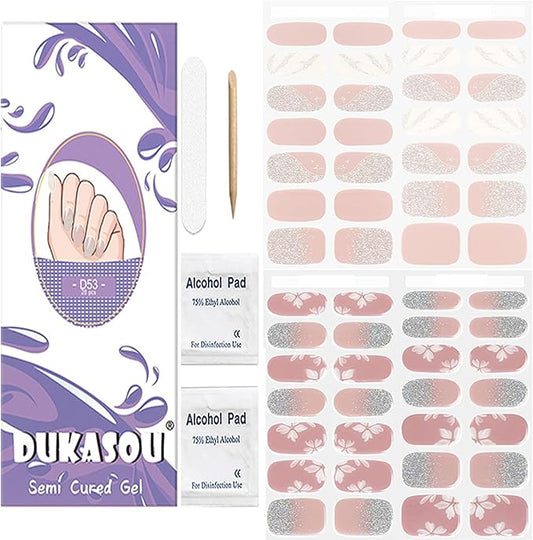 DUKASOU Semi Cured Gel Nail Strips, 56Pcs Nail Art Stickers/Wraps, Long Lasting UV Nail Polish Strips for Adults(Pink Flowers)