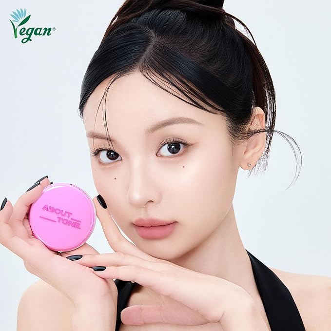 ABOUT TONE Glow Powder Pact 0.28oz - Shining Tone-Up Pressed Powder Compact with Mirror and Puff Natural Peach Pearl Shimmery Blur Finish Face Makeup Setting Finishing Transparent Sebum Control Vegan