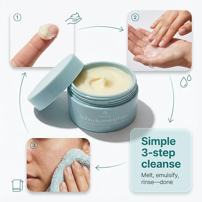 BOHO Skin Cleansing Balm - Hydrating & Moisturizing Facial Cleanser & Makeup Remover Balm for All Skin Types - Natural Deep Pore Cleanser with Vitamin E & Botanical Extracts (2oz)