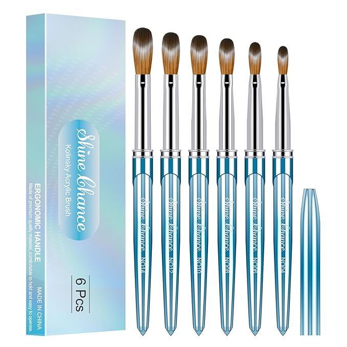 Shine Chance 6 Pcs Acrylic Nail Brushes Set, Kolinsky Hair Nail Art Brushes, Art Design & Polish Mistake Cleaning Manicure Tools for Women (Sizes 4, 6, 8, 10, 12, 14)