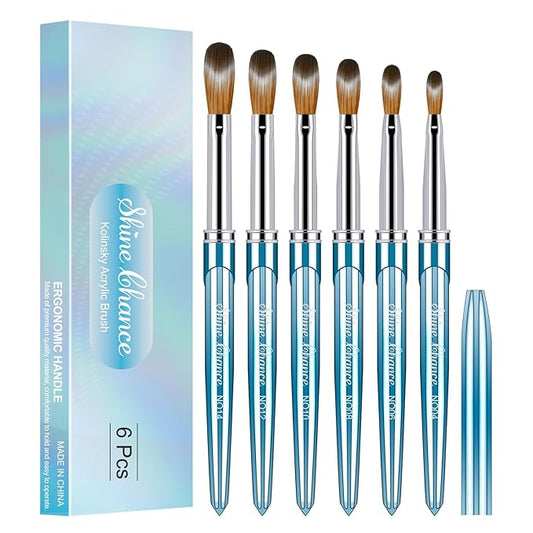 Shine Chance 6 Pcs Acrylic Nail Brushes Set, Kolinsky Hair Nail Art Brushes, Art Design & Polish Mistake Cleaning Manicure Tools for Women (Sizes 4, 6, 8, 10, 12, 14)