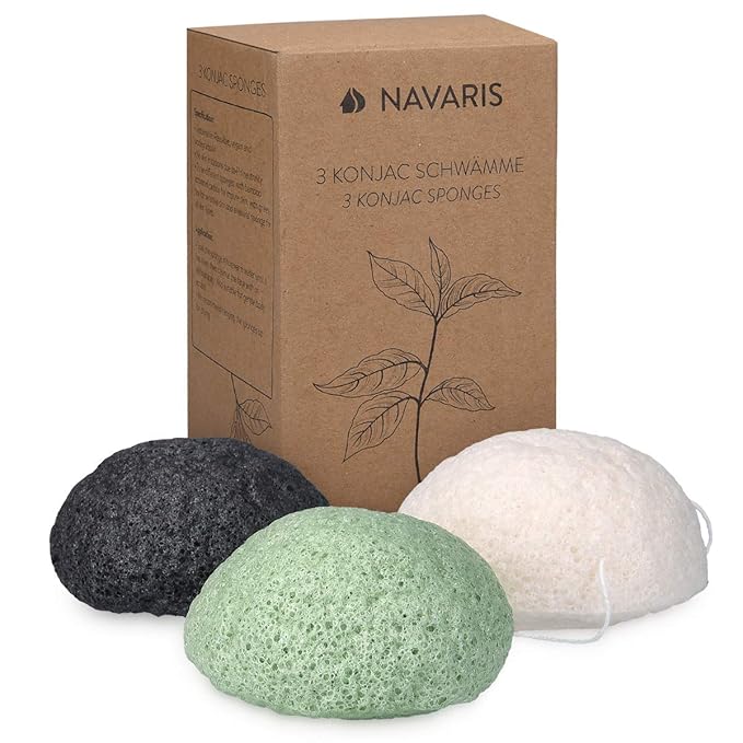 Navaris Konjac Sponges - Set of 3 - Facial & Body Konjac Sponge Puffs - Exfoliating & Cleansing Sponges for Bath & Shower - Green, Black, White