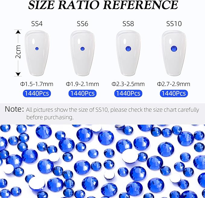 Meibite Sapphire Flatback Rhinestones, Glass Rhinestones for Nail Art and Craft, Glue Fix, Loose Crystal Gemstones(Blue, SS4, 1440pcs, 1.5-1.7mm)