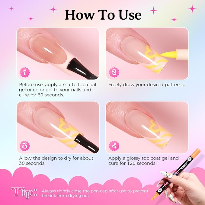 GELLAKTIK 24 Colors(12Pcs-dual) Nail Art Pens Set, 3D Nail Polish Pens Quick-Drying Acrylic Paint Markers, Dotting Liner Brush for DIY Nail Design, Home & Salon Manicure Tools, MarkerPen