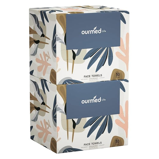 Ourmed Life Face Towels, Disposable Biodegradable Facial Towels for Sensitive Skin, Lint- free Face Wipes for Washing Face, Skincare and Makeup Remover, Dry Wipes, 10"×12" Extra Large, 100 Count