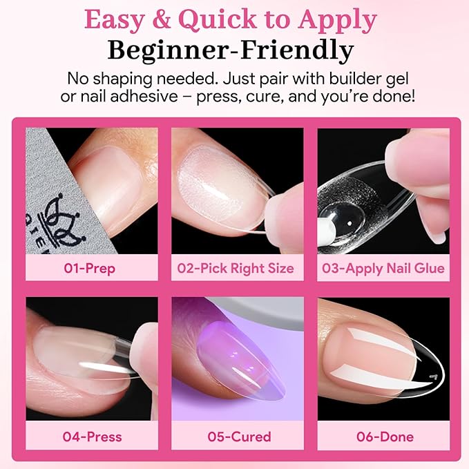 Qiek Short Almond Nail Tips - 15 Sizes 240 PCS Half Matte Full Cover Clear Fake Nails Pre-shaped Press On False Nail Tips Acrylic Soft Nail Gel Tips No C Curve Extension Manicure Home DIY Gelly Tips