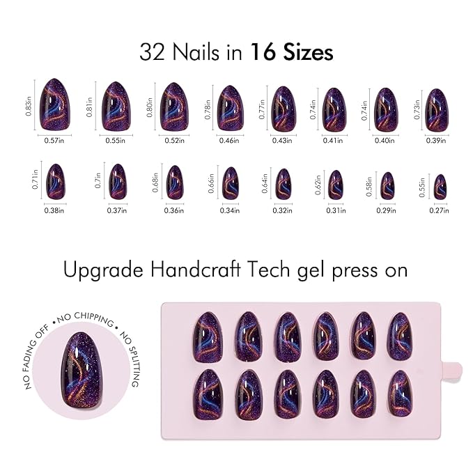 VSALON Press on Nails Short Almond - Dark Purpule Blue Cat Eye Sparkle Ribbon Design Winter Nails for Women, Reusable Opaque Gel Chrome Glue on Nails with Glue & Cuticle Oil - 32 PCS in 16 Sizes