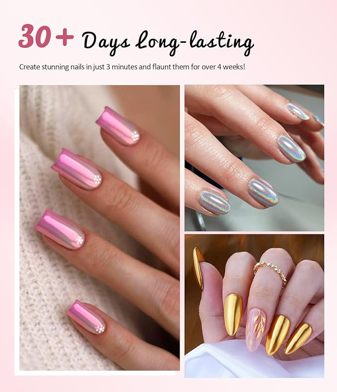 BISHENGYF Gold Chrome Nail Powder - 6pcs Sparkly Laser Holographic Nail Powder Metallic Mirror Effect Pink Nail Chrome POwder, White Pearl Pigment Holo Iridescent Glitter Dust Kit, Nail Art Decoration