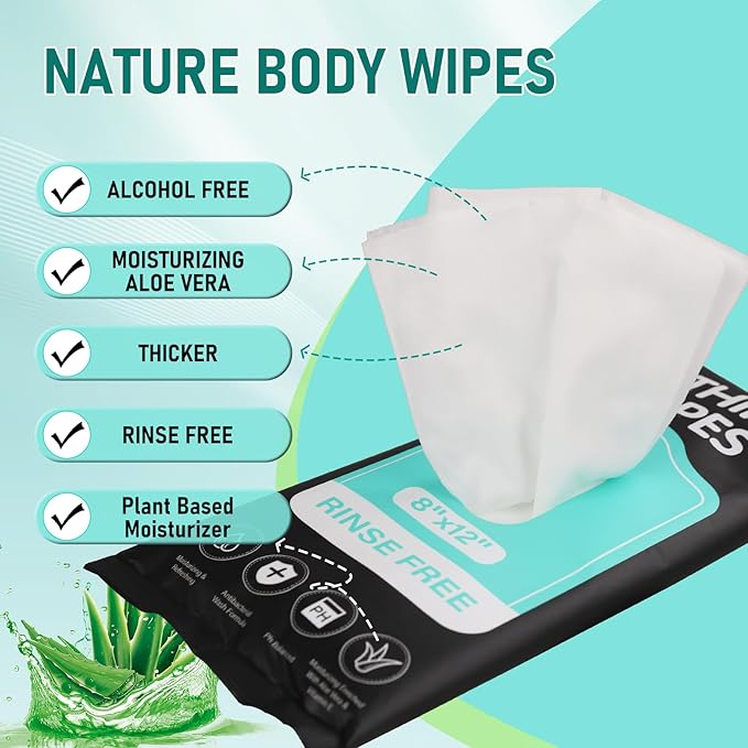 XL Bathing Wipes No Rinse for Adults – 24 Packs (240 Count)- Extra Thick & Large Shower Wipe, Ideal for Men, Women & Elderly – Soft & Gentle Disposable Bath Wipes - Camping & Travel Essentials