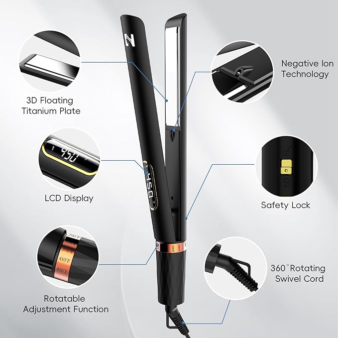 Nicebay 1” Titanium Flat Iron, Fast Heating Hair Straightener & Curler,with 5 Temp Settings, Negative Ion Technology,Travel-Friendly, Smooth Salon Design
