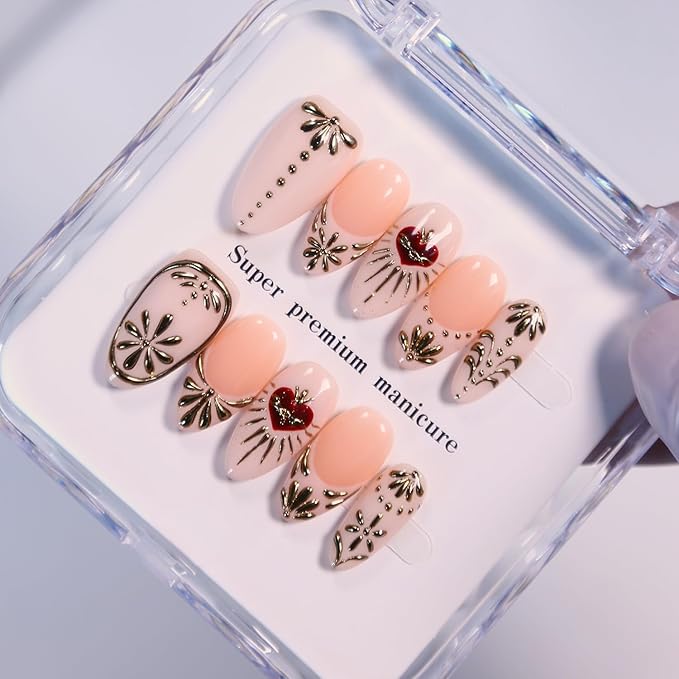 Valentine's Day Press On Nails - Medium Length Almond Handmade Unique Fake Nails, Thick Acrylic and Muti-Layer Gel False Nails, Reusable Gel Cured durable Fake Nails with Nails File Set (Size S)