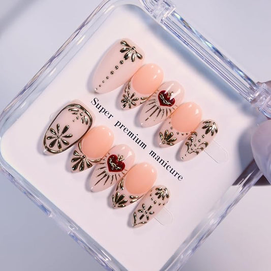 Press On Nails - Short Almond Handmade Unique Fake Nails, Artistic Design, Thick Acrylic and Muti-Layer Gel False Nails, Reusable UV Gel Cured Sturdier 3D Fake Nails,DIY Art Decorate