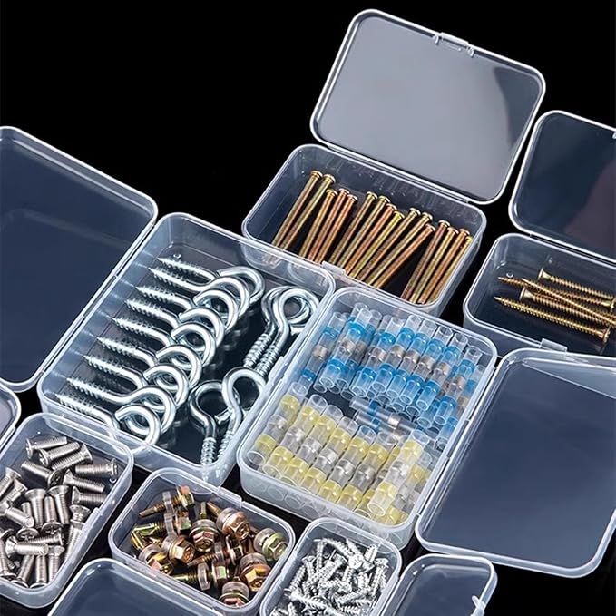 SJZQ 6PCS Mini Clear Rectangle Storage Organizer with self-adhesive handwritten labels, 3.4x2.4x1 Inch Small plastic containers case for Small Items, Hairpins, Buttons, Beads, Craft Accessories case