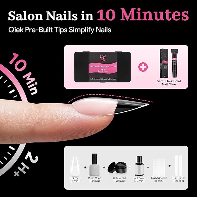 Qiek Medium Almond Pre-Building Nail Tips, 15 Sizes 240 PCS Pre-shaped Apex Clear Soft Press On Fake Nail Half Matte Gel Nail Extensions Strong Thick Acrylic Tip for DIY Beginners & Salon Manicure