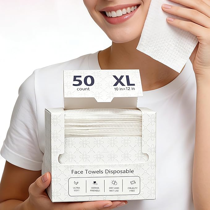 Lyun Cloudlet Disposable Face Towels XL, 10"x12" Ultra Soft & Thick Dry Wipes, Makeup Remover & Facial Cleansing Towels for Sensitive Skin, 50 Count, 1 Pack