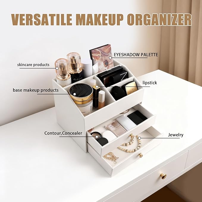 Homeanda Makeup Organizer with Drawers, PU Leather Cosmetic Storage Box Large Cosmetic Display Case for Skincare, Lipstick, Brushes, Bedroom Storage(White)