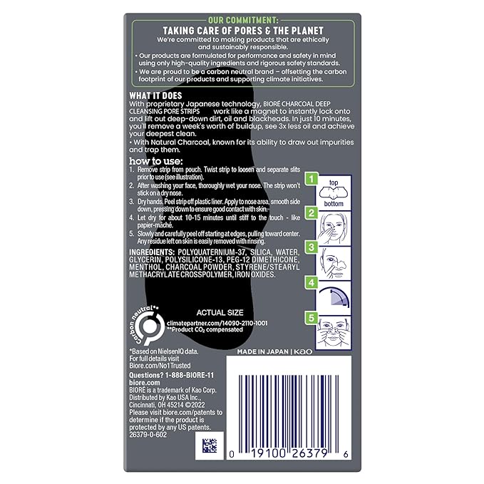 Bioré Charcoal Deep Cleansing Pore Strips for Men, Nose Strips for Blackhead Removal on Oily Skin, Features C-Bond Technology with Instant Pore Unclogging, 6 Count