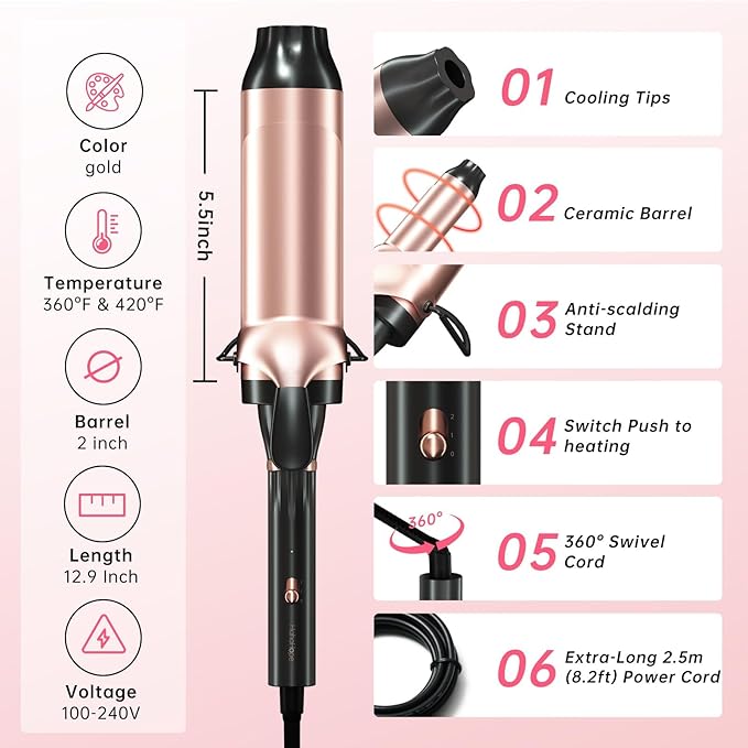 Hahahope Professional 2 Inch Curling Iron with Clamp - Large Barrel Curling Wand for Long Hair, Dual Voltage, Adjustable Heat Settings, Lightweight Design