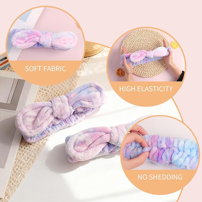 PERFECTSIGHT Kawaii Headband for Spa, Makeup, Washing Face, Party - 2 Pack Cute Bow Hair Band for Shower Beauty Skincare, Soft Facial Headbands for Girls and Women, Rainbow