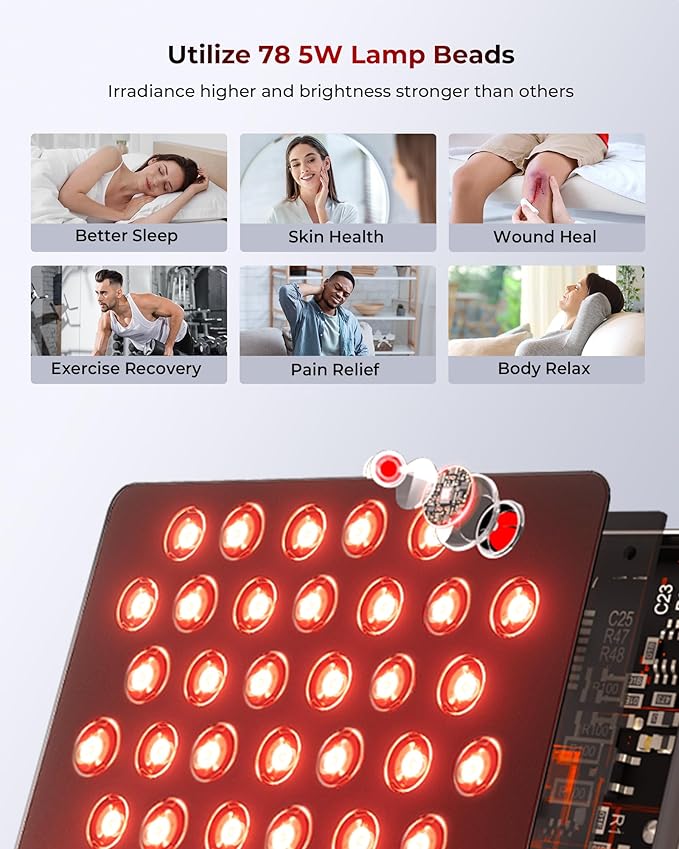 Red Light Therapy Devices, 78 pcs 4-Chip LEDs 630nm-850nm Near Infrared Light Therapy Panel, Adjustable Brightness (20-100%), Time(5-30 min) Red Light Panel for Home Office & Gym