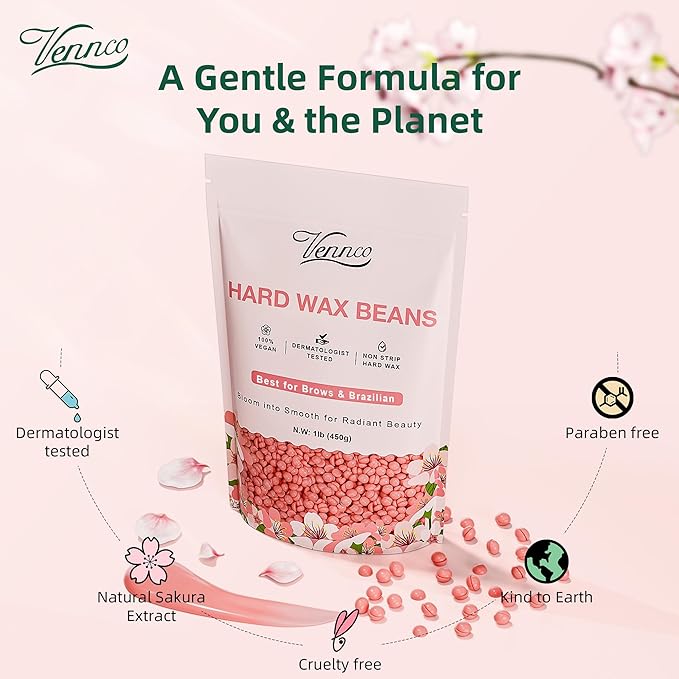 VENNCO Hard Wax Beads, 1lb Wax Beans for hair removal with Cherry Blossom Extract, Ideal for Sensitive Skin, Perfect for Facial, Eyebrows, Arms, and Brazilian Area, Wax Refill for Home Use