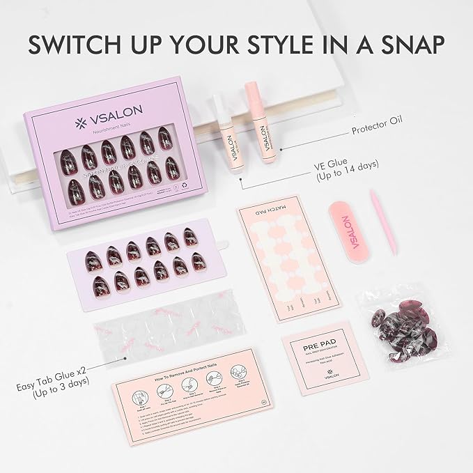 VSALON Press on Nails Short Almond - Brown Marble Glitter Glue On Nails Kit for Women, Reusable Opaque Salon Quality Winter Fake Nails - 32 PCS Stick on Nails in 16 Sizes with Glue & Cuticle Oil