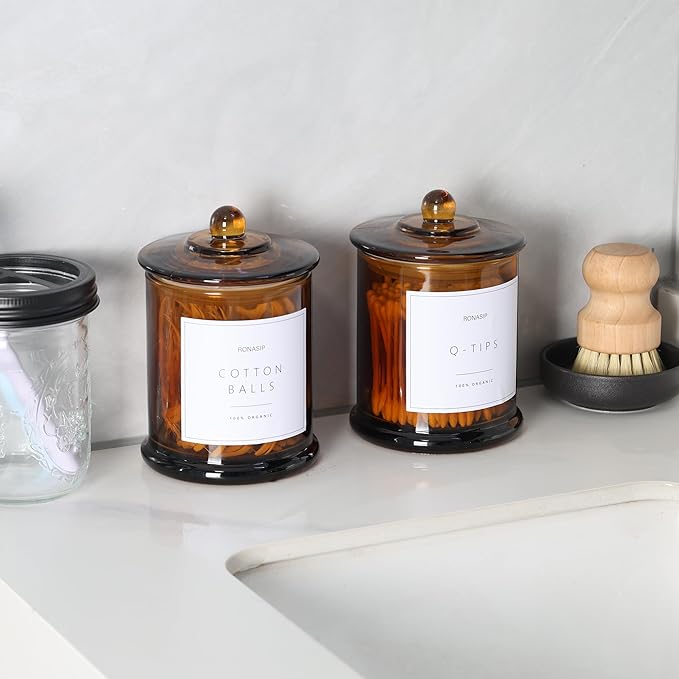 Ronasip Qtip Holder & Cotton Pad Dispenser, Bathroom Organizer and Storage Canisters, 16oz Glass Apothecary Jars for Kitchen, Restroom - Home Decor Accessories, Room Decor Aesthetic (2 Pack, Amber)