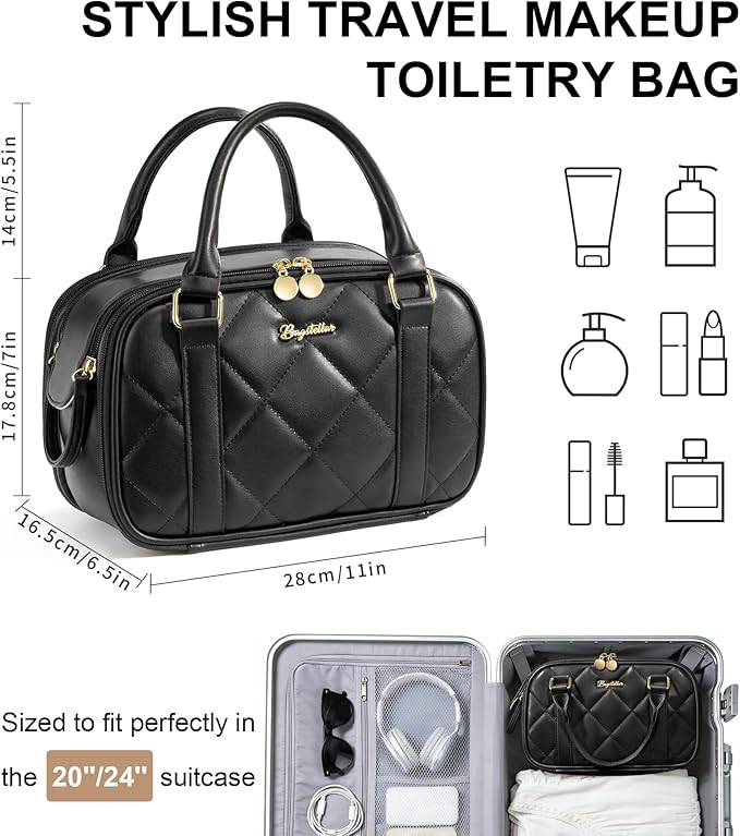 Bagstellar Travel Makeup Bag, Large Capacity Quilted Toiletry Bags for Women, Wide-open Cosmetic Bags Make Up Case Organizer Portable Pouch with Handle & Brush Holder for Traveling Accessories, Black