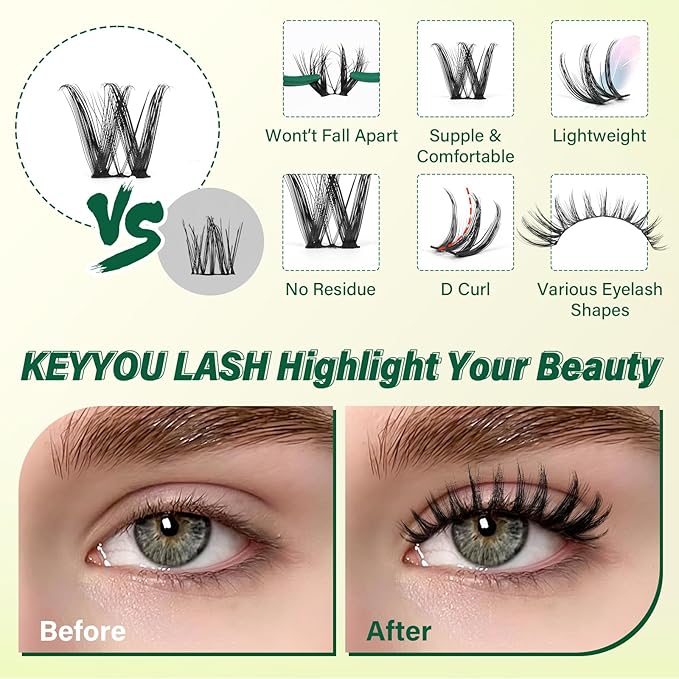 KEYYOU LASH Flaunt Lash Clusters Kit Flora D Curl Natural Lashes 144pcs Lash Extension Kit 8-18mix Lash Clusters Fluffy Lashes with Ultra-Thin Soft Band with Remover Waterproof Bond and Seal(F01 Kit)