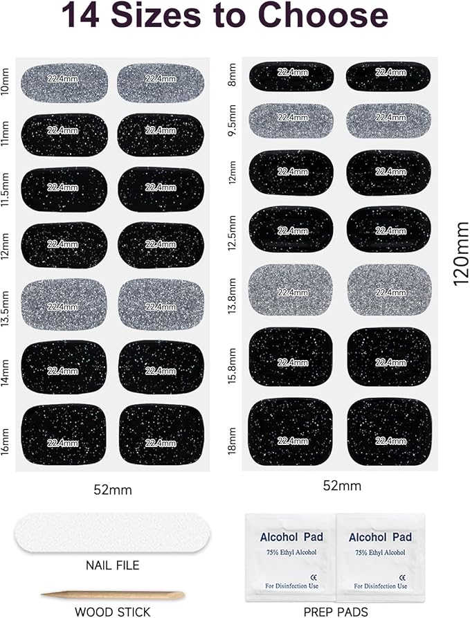DUKASOU Semi Cured Gel Nail Strips, 56Pcs Nail Art Stickers/Wraps, Long Lasting UV Nail Polish Strips for Adults(Black Silver+White French Tip)