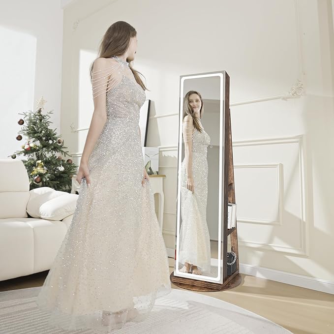 Mirror Jewelry Cabinet Standing, Jewelry Armoire with Full-Length LED Mirror and Adjustable Lights, 360° Swivel Jewelry Organizer Storage, Rustic Brown