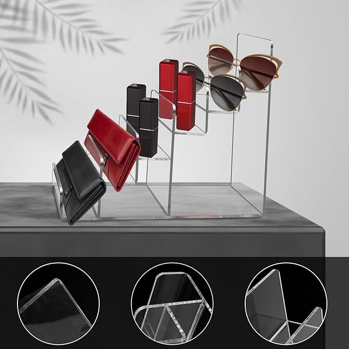 Acrylic Wallet Display Stand Purse Handbag Organizer, Clear Jewelry Riser Display Stand Purse Display Rack, Acrylic Display Shelf for Cosmetic Perfume Jewelry Sunglasses Handbag (2 PCS-4 Tier)