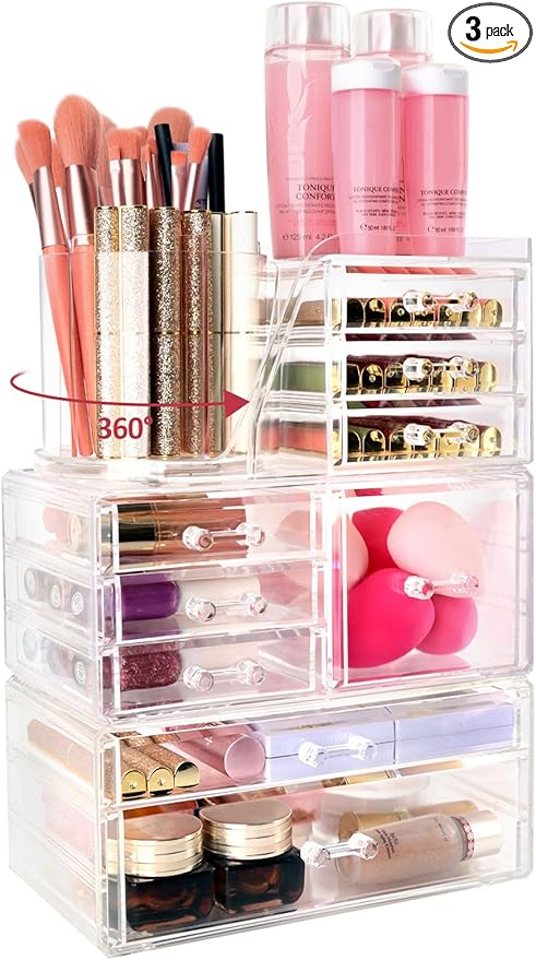 AUOIKK Clear Makeup Organizer with 9 Drawers & Rotating Brush Holder - Large Capacity Cosmetic Display Cases Storage for Vanity, Countertop, Bathroom, Lipstick and Skincare Organization