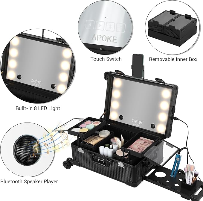 Rolling Makeup Train Case with Lighted Mirror and Bluetooth Speaker Professional Cosmetic Organizer Case with Wheels, Stands Portable Makup Station Vanity for Travel (Black, Small)