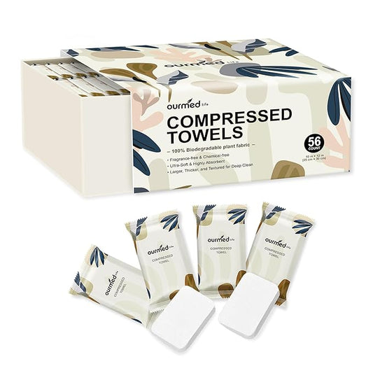 Ourmed Life Compressed Towel Tablets – Portable, Individually Wrapped Disposable Face Towels, Quickly Expand with Water, Soft & Lint-Free, 12‘’x10‘’ for Travel, Camping, Hiking, Backpacking (56 Count)