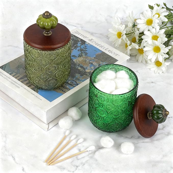 Canumer 2 Pack Green Qtip Holder – Glass Apothecary Jars with Lid, Qtip Dispenser, Bathroom Storage Organizer for Cotton Balls, Swabs, Pads, Floss, Makeup Essentials, Candy, Vintge Decor
