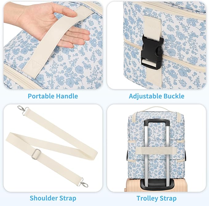 Extra Large Nail Polish Organizer - Three Layer Nail Organizers And Storage Bag, Portable Nail Supplies Organizer Case, Nail Tech Kit Travel Carrying Box with Shoulder Strap (Floral Blue, 86 Slots)