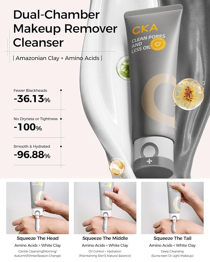 CKA Deep Pore Cleanser, Facial Foam Cleanser Oil Control Makeup Remover 2 in 1 Dual-Chamber, Minimizes Blackhead with Amino Acid, Daily Face Wash for Oily/Sensitive Skin
