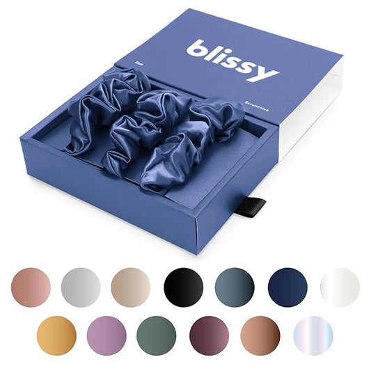 Blissy Silk Scrunchies (3 Pack) - 100% Pure Mulberry Silk - 22 Momme 6A High-Grade Fibers Scrunchie for Straight & Curly Hair - Preventing Breakage, Tangling, & Creasing (Blue Skinny)