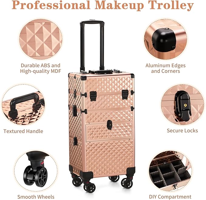 Karl home Rolling Makeup Case with Wheels & 2 Drawers, 3 in 1 Large Capacity Trolley Makeup Travel Case, Professional Cosmetology Lockable Travel Cosmetic Storage Train Cases, Champagne Gold