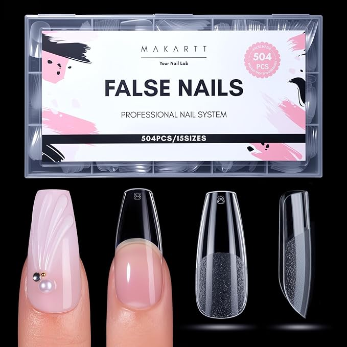 Makartt Coffin Nail Tips: Medium, 504 PCS, 15 Sizes, Half Matte, Clear Fake Nails Ballerina Shapes - Full Cover Soft Acrylic Press On Nail Extensions Supplies Salon and Diy at Home