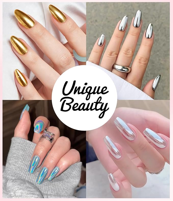 BISHENGYF Gold Chrome Nail Powder - Sparkly Laser Holographic Nail Powder Metallic Mirror Effect Silver Nail Chrome POwder, White Pearl Pigment Holo Iridescent Glitter Dust Kit, Nail Art Decoration