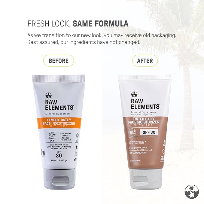 Raw Elements Tinted Daily Face Moisturizer All-Natural Mineral Sunscreen | Non-Nano Zinc Oxide, 95% Organic, Reef Safe, SPF 30, in Bio-Resin Tube, 1.8oz