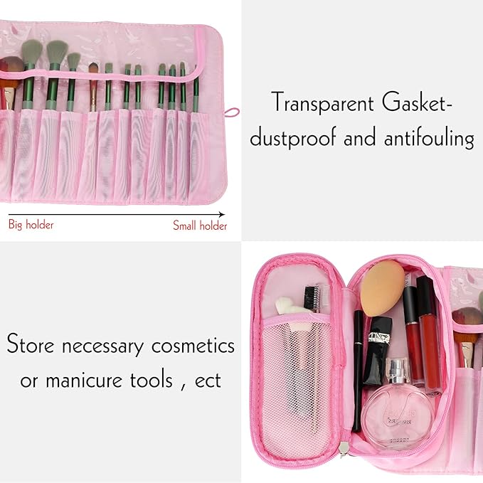 LUEXBOX Portable Folding Makeup Brush Bag, Multifunctional Cosmetics Rolling Storage Case Makeup Brush Holder for Travel, Makeup Brush Organizer Bag (Pink)
