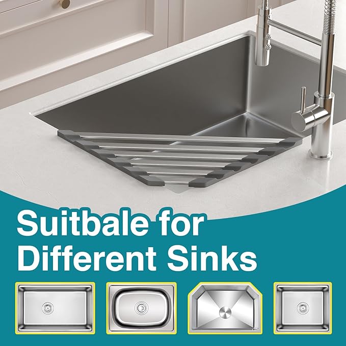 Triangular Dish Drying Rack, Sponge Holder for Kitchen Sink Multipurpose Over The Sink Aluminum Draining Rack Non-Slip, Easy to Clean and Space Saving, Triangular 16 x 9.5inch Matte Grey
