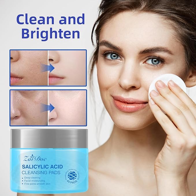 Salicylic Acid Remover Wipes, Exfoliating Face Cleansing Pads with Witch Hazel & Vitamin C for Hydrating & Calming for Sensitive Skin, 40ct