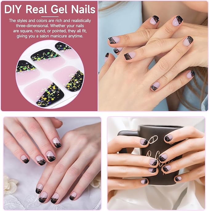 DUKASOU Semi Cured Gel Nail Strips, 56Pcs Nail Art Stickers/Wraps, Long Lasting UV Nail Polish Strips for Adults(Silver+Sequined Black)